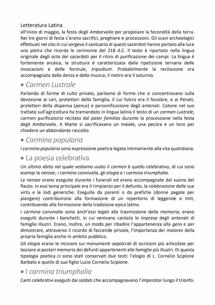 Letteratura Latina
Le origini della
letteratura latina
1. Le testimonianze preletterarie in poesia
• Forme espressive arcaiche
Nei secoli (I