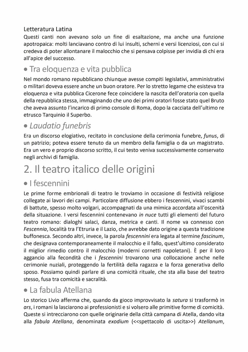 Letteratura Latina
Le origini della
letteratura latina
1. Le testimonianze preletterarie in poesia
• Forme espressive arcaiche
Nei secoli (I