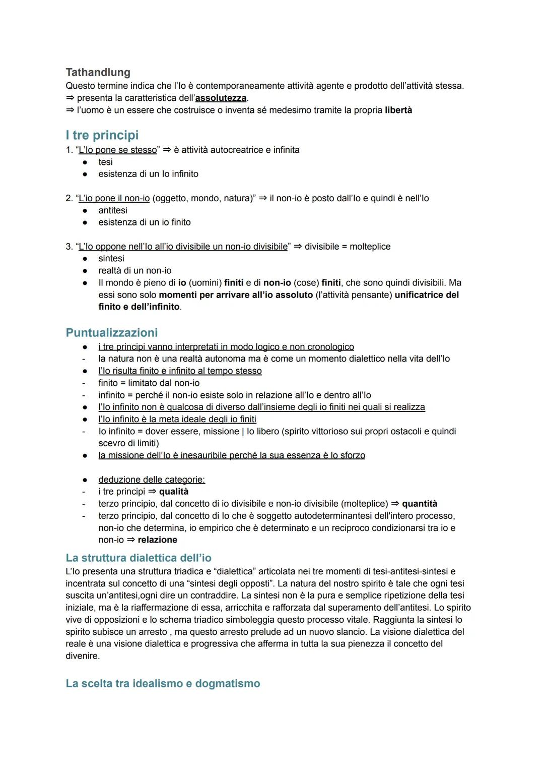 FICHTE
Chiarificazioni
Nella sua filosofia Fichte ha delineato:
1) un io infinito, che è l'attività libera e creatrice del pensiero;
2) un i