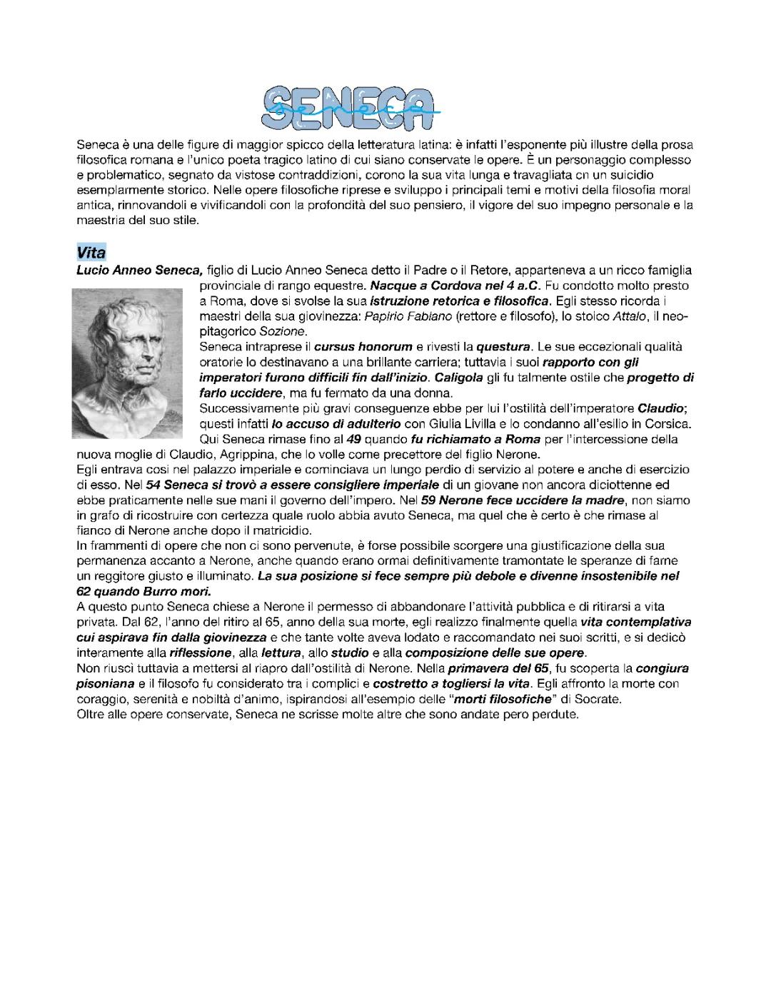 La Vita e le Opere di Seneca: Riassunto e Pensieri