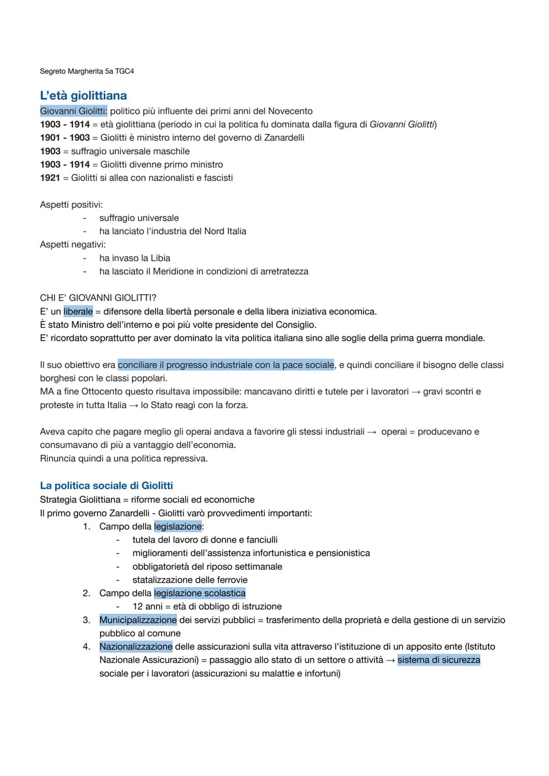 Segreto Margherita 5a TGC4
L'età giolittiana
Giovanni Giolitti: politico più influente dei primi anni del Novecento
1903-1914 età giolittian