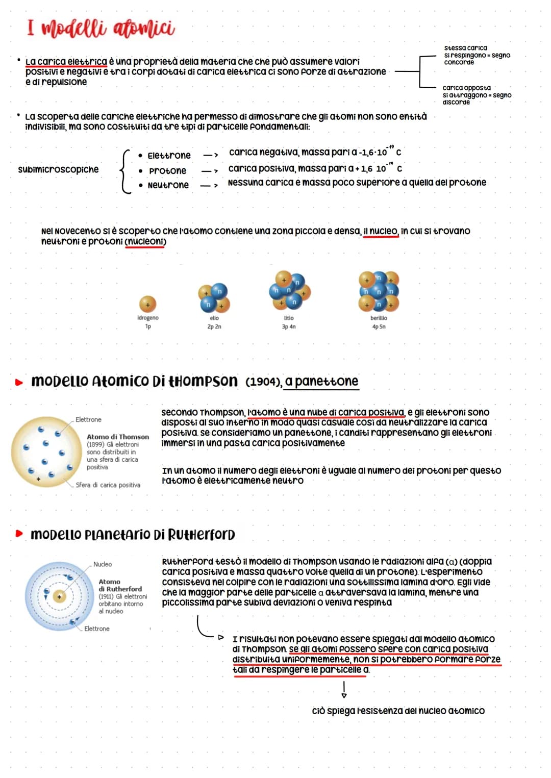 I modelli atomici
La carica elettrica è una proprietà della materia che che può assumere valori
positivi e negativi e tra i corpi dotati di 