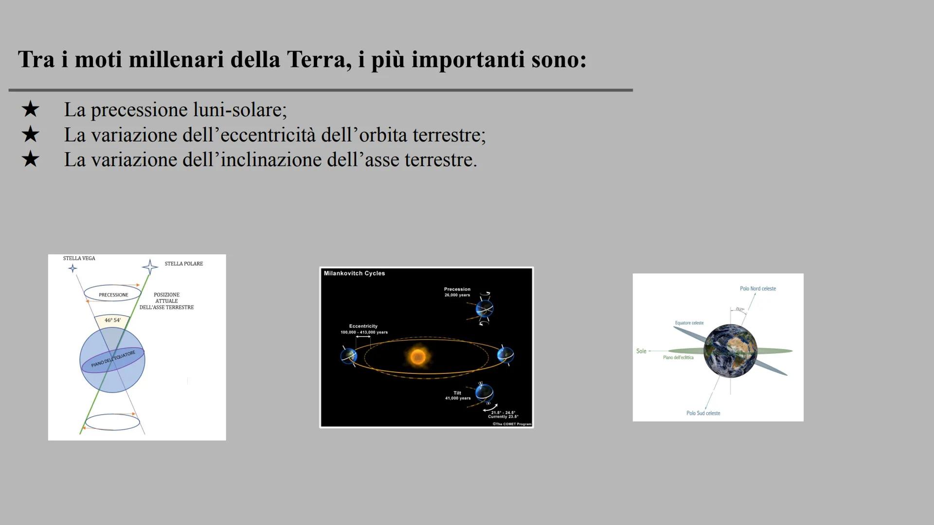 # I MOTI MILLENARI DELLA TERRA.

I moti millenari sono movimenti
che la terra compie in tempi
lunghi migliaia di anni. Questi
moti si eserci