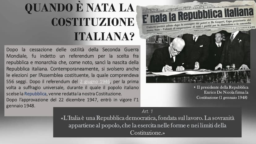 LA COSTITUZIONE
ITALIANA
Classe 4^C
REPVBBLICA ITALIANA A. 100
QUANDO È NATA LA
COSTITUZIONE E' nata la Repubblica italiana
Umberto partirà 