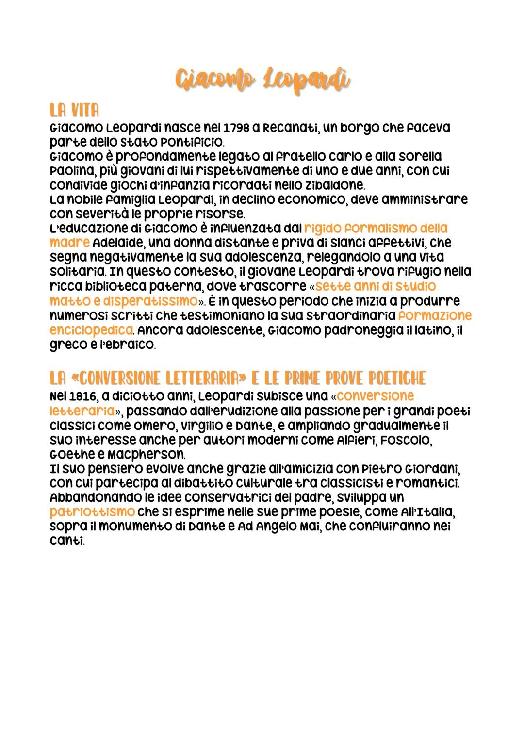 --- OCR Start ---
LA VITA
Giaconfp Leopardi
Giacomo Leopardi nasce nel 1798 a recanati, un borgo che faceva
parte dello stato Pontificio.
Gi