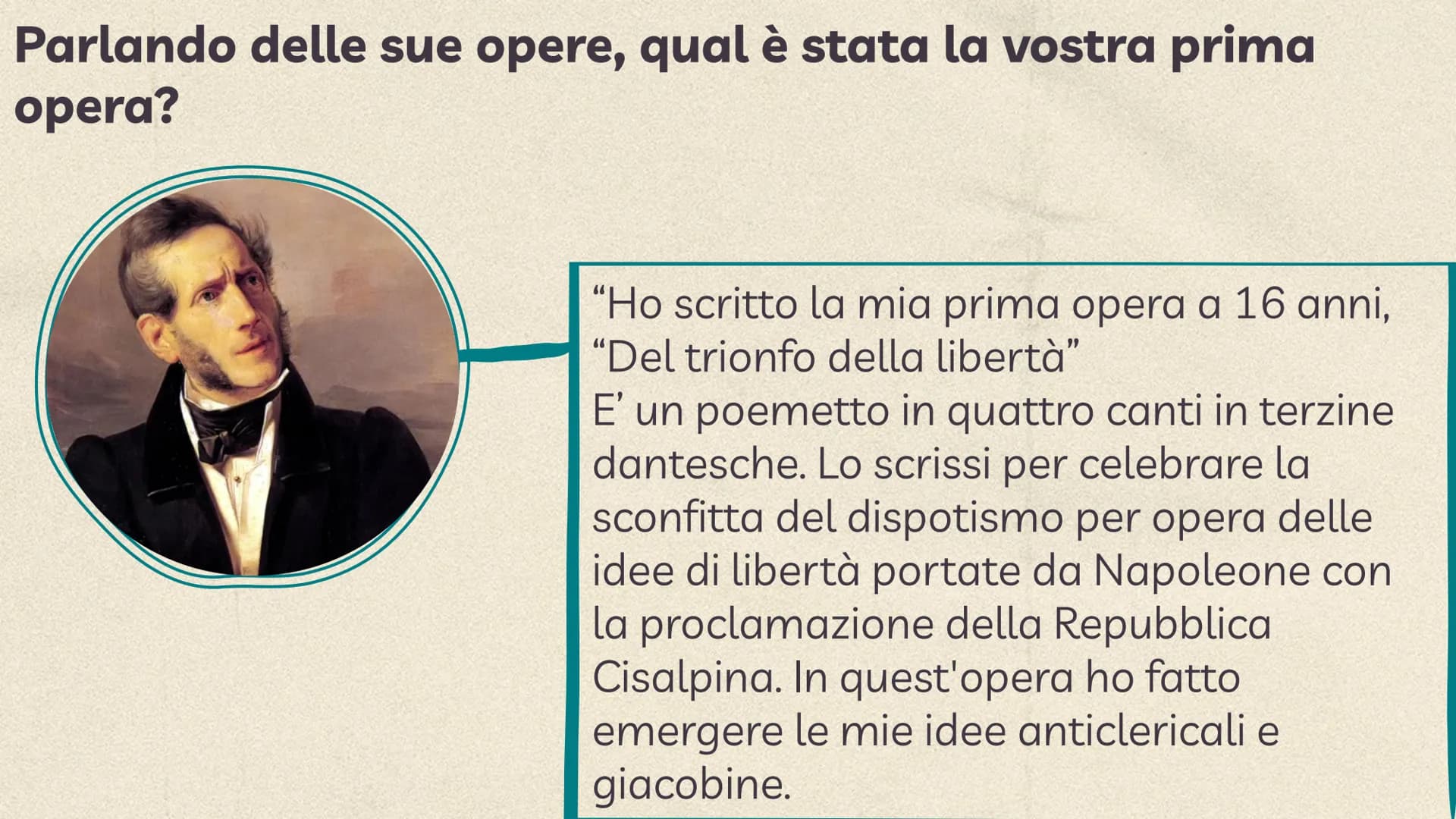 
<p>Salve sig. Manzoni, siamo molto lieti di conoscerla. Dopo aver studiato le vostre opere vorremmo porle alcune domande. E' possibile?</p>