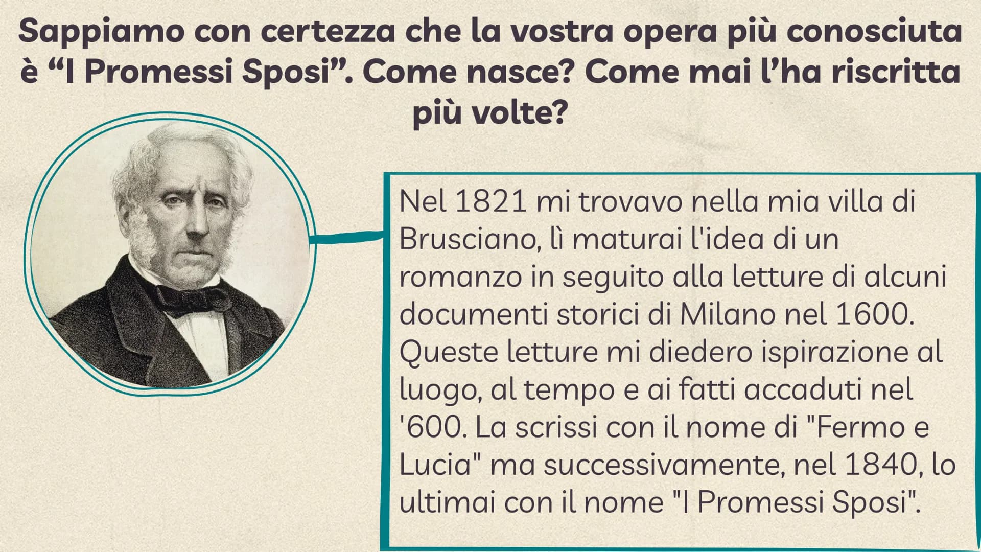 
<p>Salve sig. Manzoni, siamo molto lieti di conoscerla. Dopo aver studiato le vostre opere vorremmo porle alcune domande. E' possibile?</p>