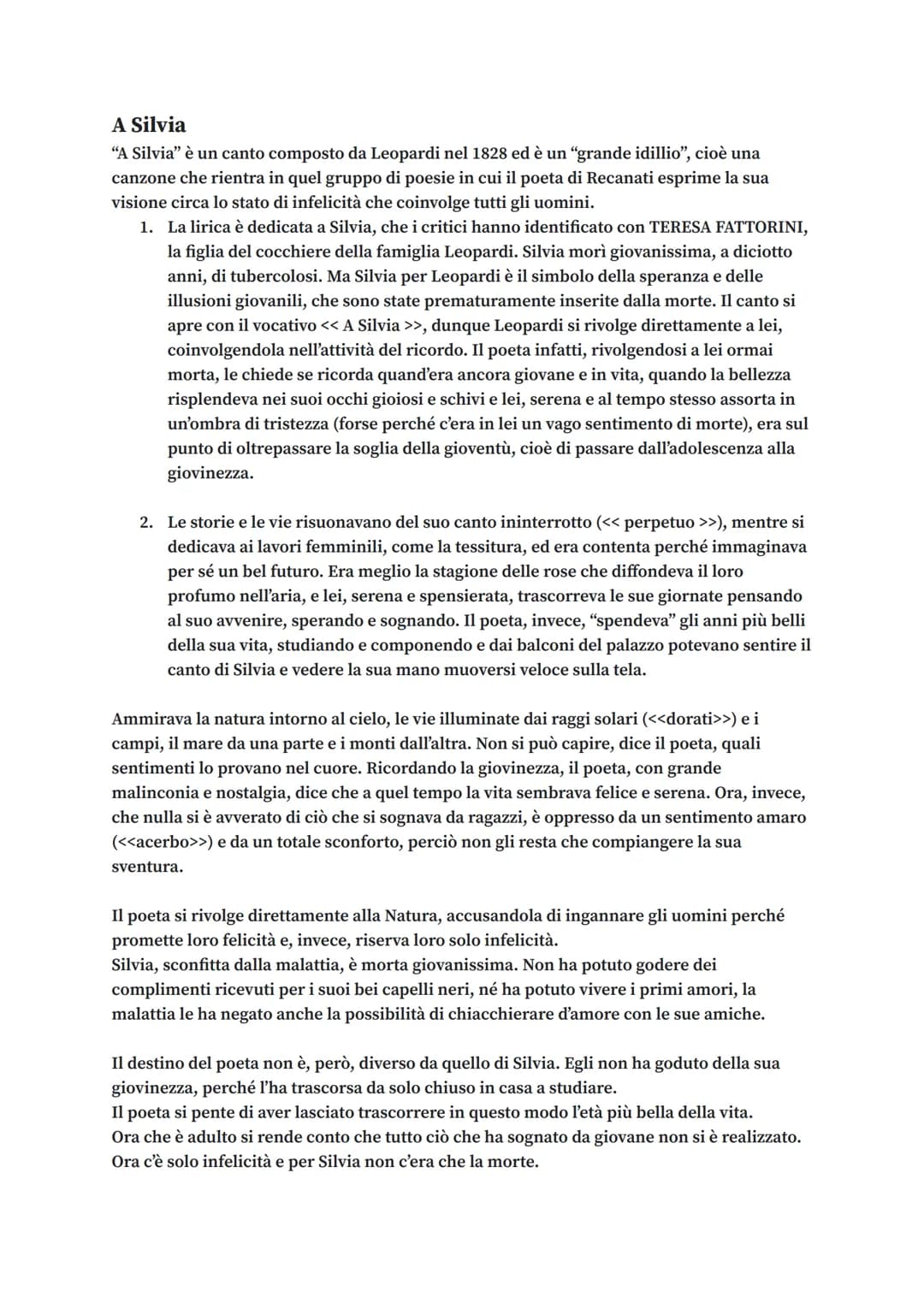 A Silvia
"A Silvia" è un canto composto da Leopardi nel 1828 ed è un "grande idillio", cioè una
canzone che rientra in quel gruppo di poesie