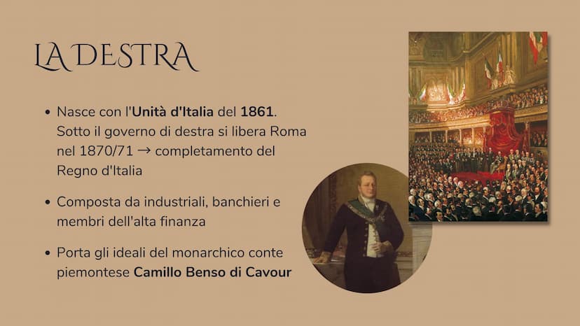 DESTRA E
SINISTRA
STORICA
I GOVERNI DOPO L'UNITÀ
2 LA DESTRA
• Nasce con l'Unità d'Italia del 1861.
Sotto il governo di destra si libera Rom