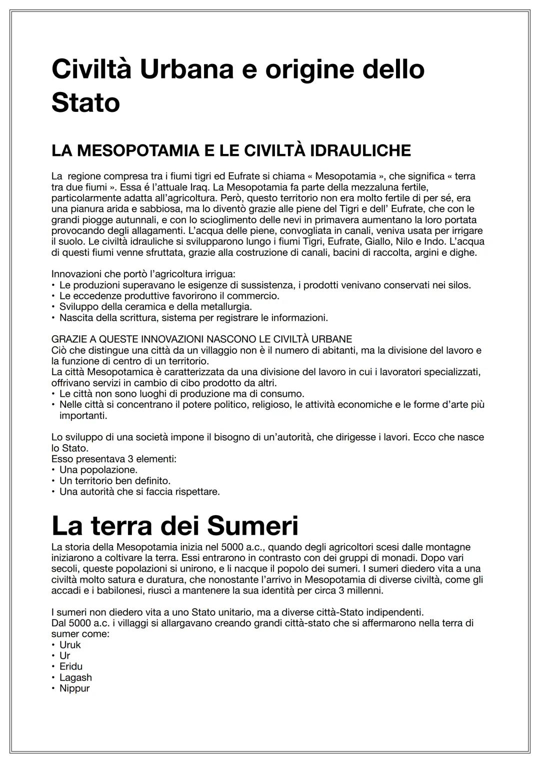 Civiltà Urbana e origine dello
Stato
LA MESOPOTAMIA E LE CIVILTÀ IDRAULICHE
La regione compresa tra i fiumi tigri ed Eufrate si chiama << Me