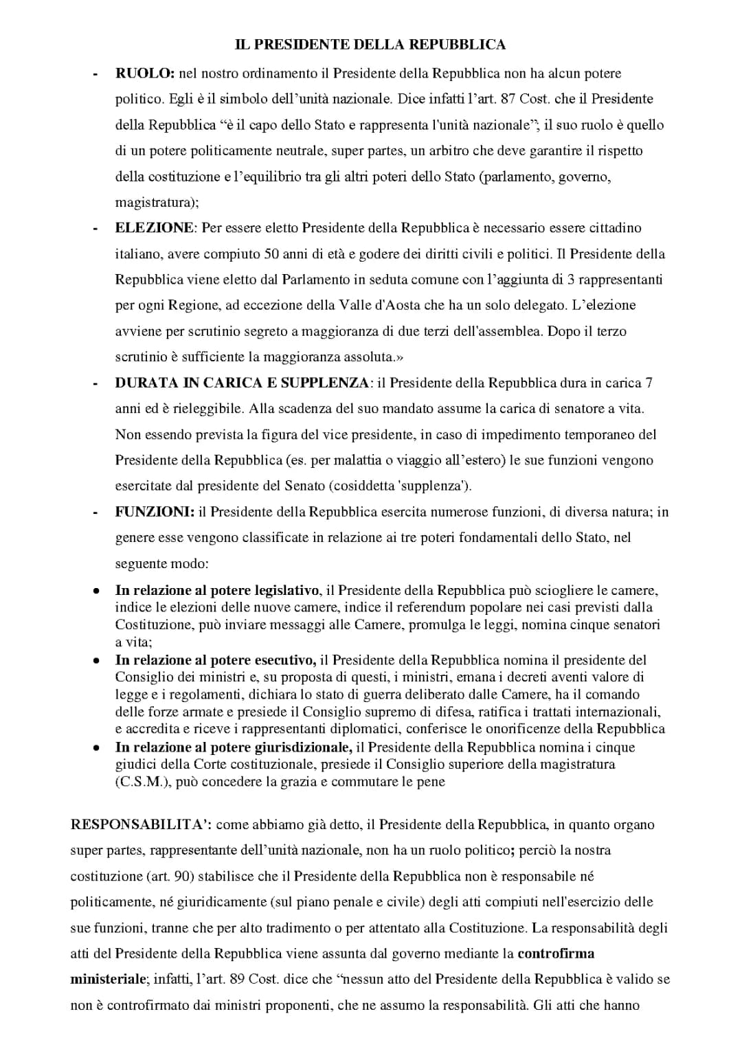 Il Presidente della Repubblica Italiana: Riassunto e Schema Completo