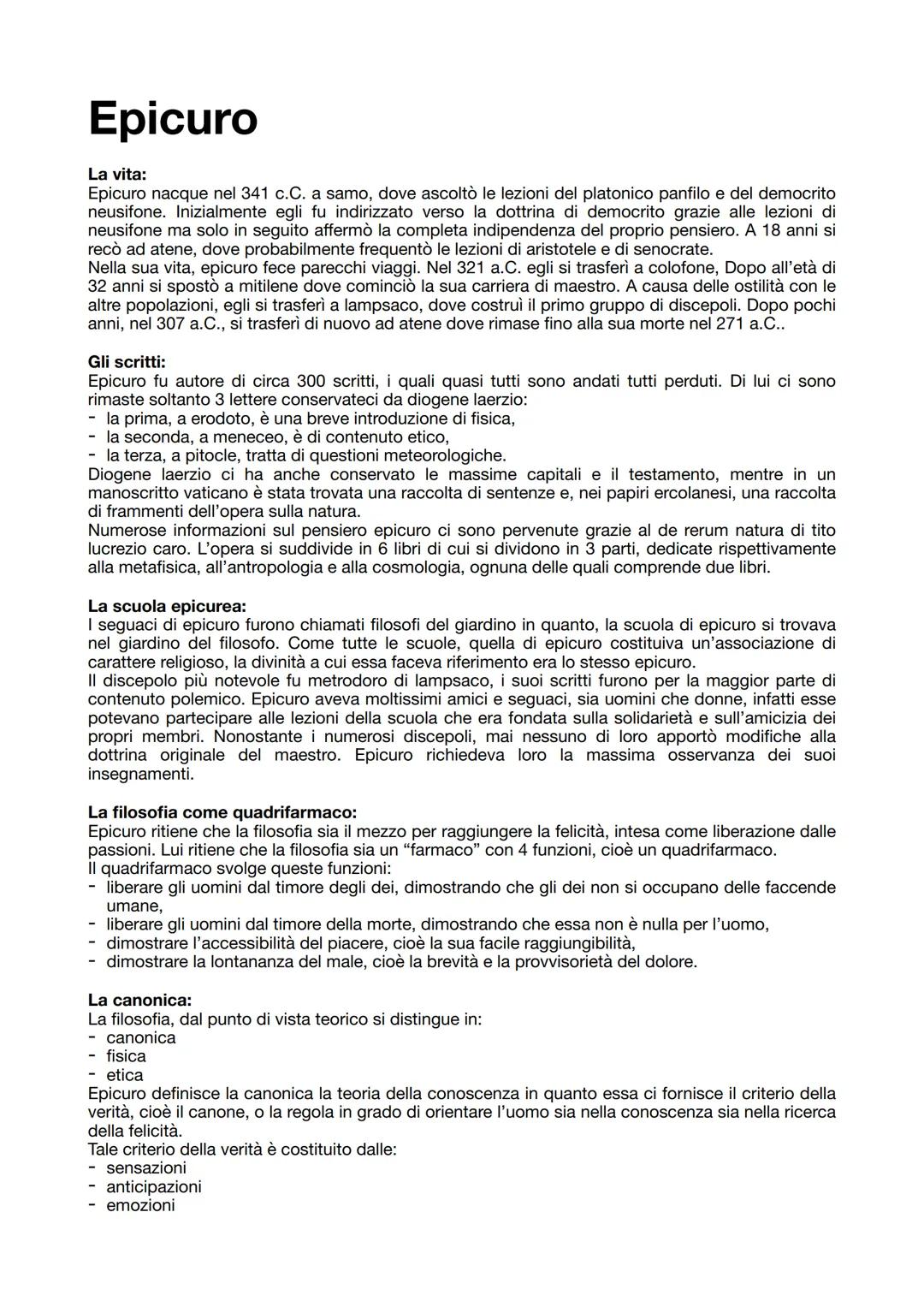 # Epicuro

La vita:
Epicuro nacque nel 341 c.C. a samo, dove ascoltò le lezioni del platonico panfilo e del democrito
neusifone. Inizialment