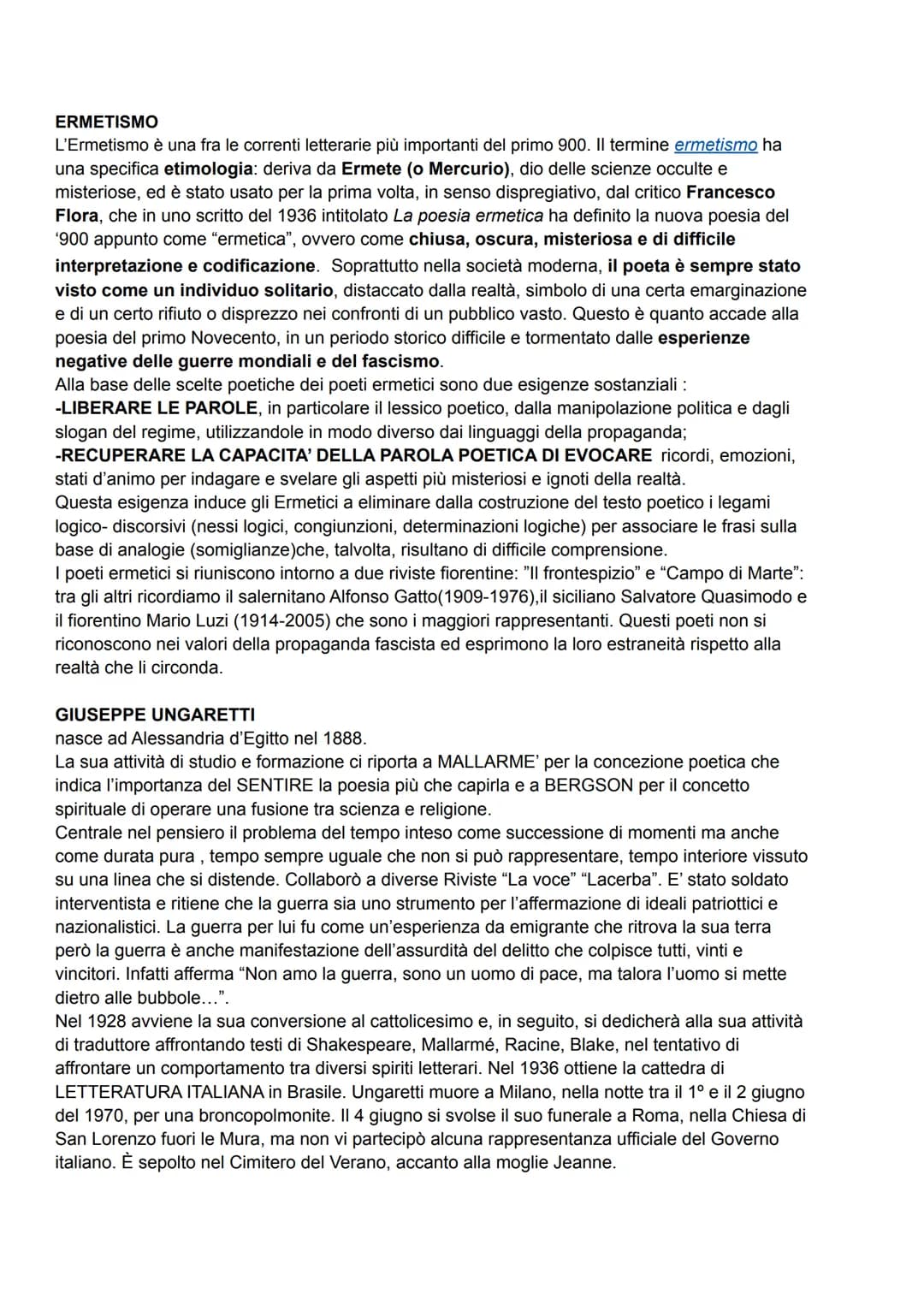 
<p>L'Ermetismo è una delle correnti letterarie più importanti del primo Novecento. Il termine ermetismo deriva da Ermete (o Mercurio), dio 