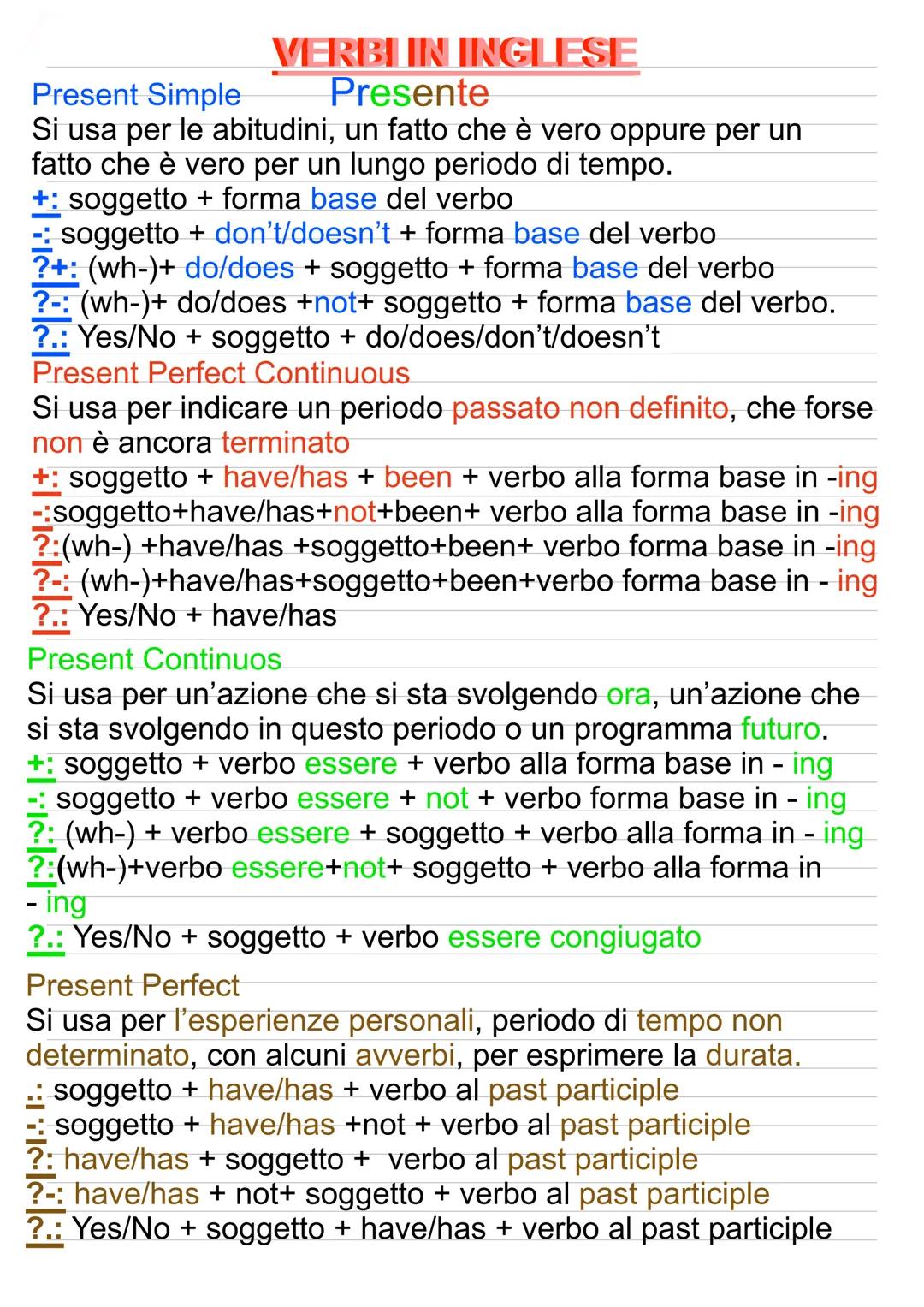 # VERBI IN INGLESE

Present Simple Presente

Si usa per le abitudini, un fatto che è vero oppure per un
fatto che è vero per un lungo period