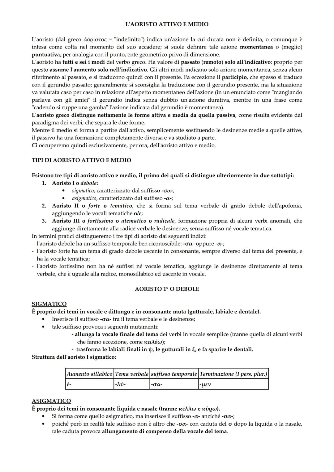 L'aoristo (dal greco áóototoç = "indefinito") indica un'azione la cui durata non è definita, o comunque è
intesa come colta nel momento del 