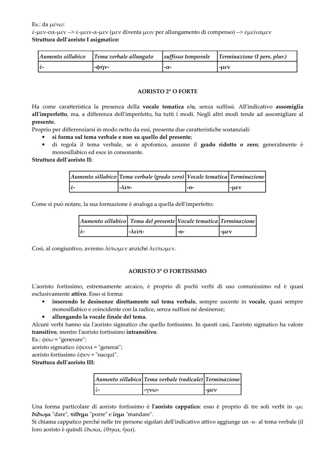 L'aoristo (dal greco áóototoç = "indefinito") indica un'azione la cui durata non è definita, o comunque è
intesa come colta nel momento del 