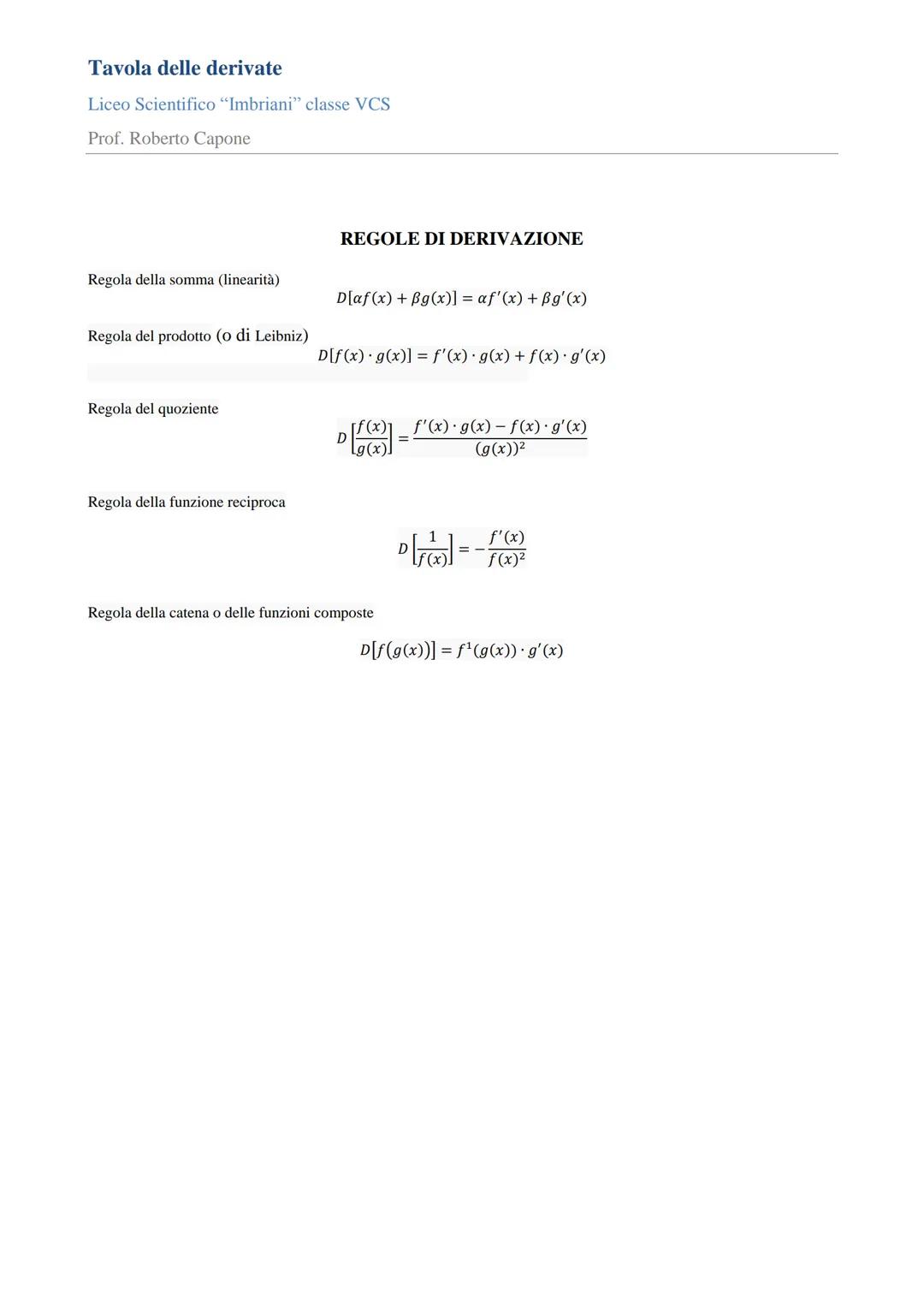 # Tavola delle derivate
Liceo Scientifico "Imbriani" classe VCS
Prof. Roberto Capone

# TAVOLA DELLE DERIVATE

| Funzione      | Derivata   