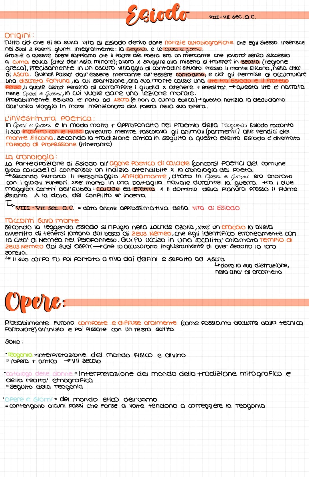 Esiodo
Origini:
TUHO cio' che si sa sulla vita di Esiodo deriva dalle notizie autobiografiche che egli Stesso inserisce
nei Suoi 2 poemi giu