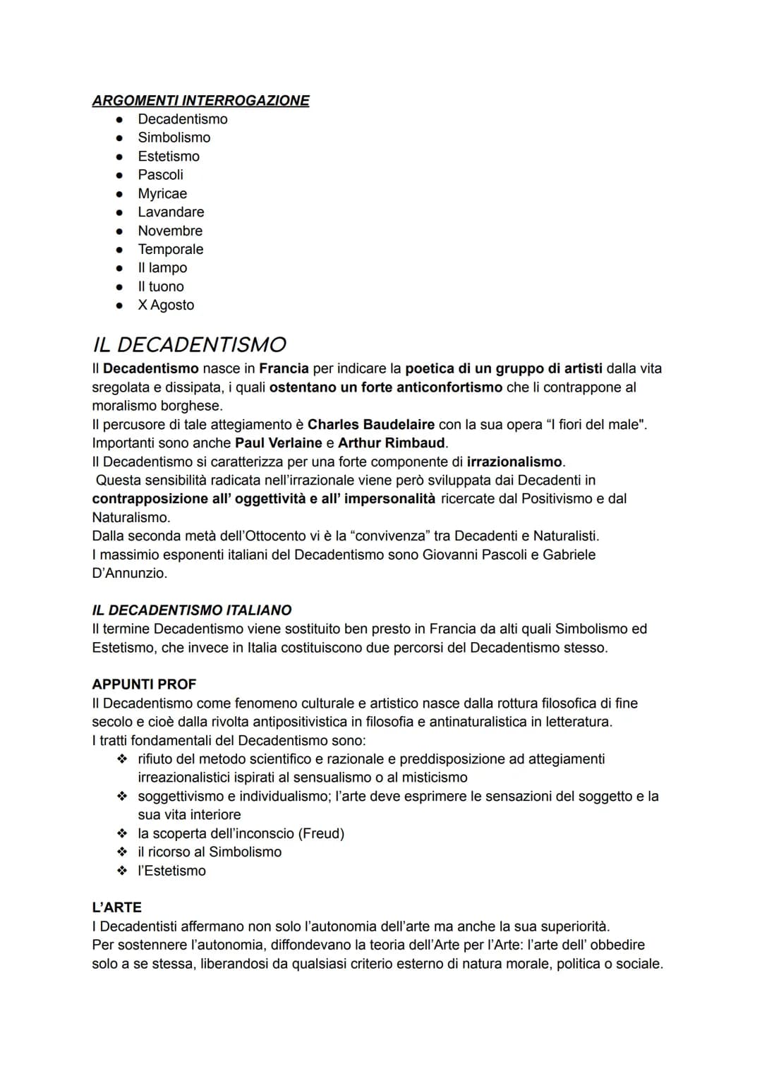 ARGOMENTI INTERROGAZIONE
● Simbolismo
● Estetismo
●
Pascoli
• Myricae
● Lavandare
Decadentismo
● Novembre
• Temporale
●
Il lampo
Il tuono
X 