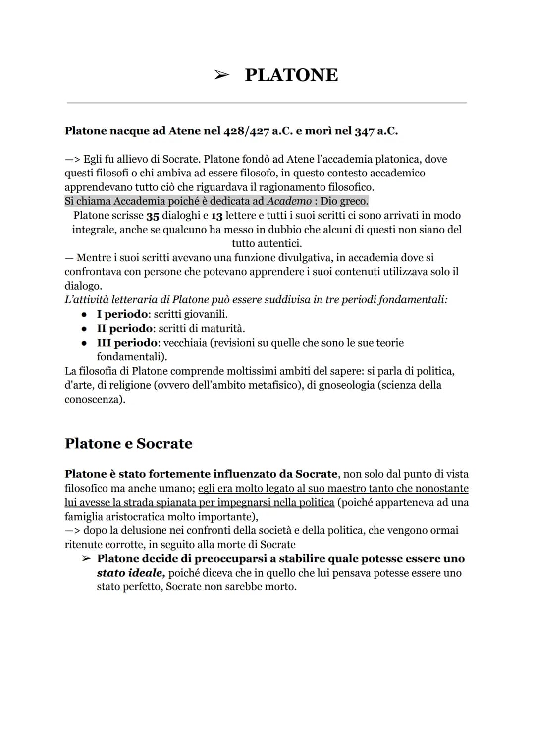 PLATONE
Platone nacque ad Atene nel 428/427 a.C. e morì nel 347 a.C.
-> Egli fu allievo di Socrate. Platone fondò ad Atene l'accademia plato