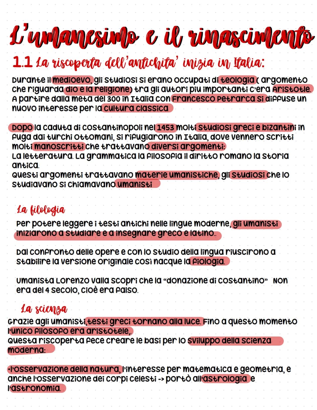 L'umanesimo e il rinasciments
1.1 La riscoperta dell'antichita' inizia in Italia:
Durante il medioevo, gli studiosi si erano occupati di teo