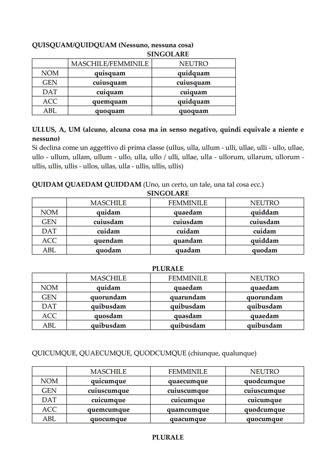 # PRONOMI E AGGETTIVI INDEFINITI

QUIS/QUID (qualcuno, qualche cosa)

|       | MASCHILE/FEMMINILE | NEUTRO |
| :---- | :------------------ 