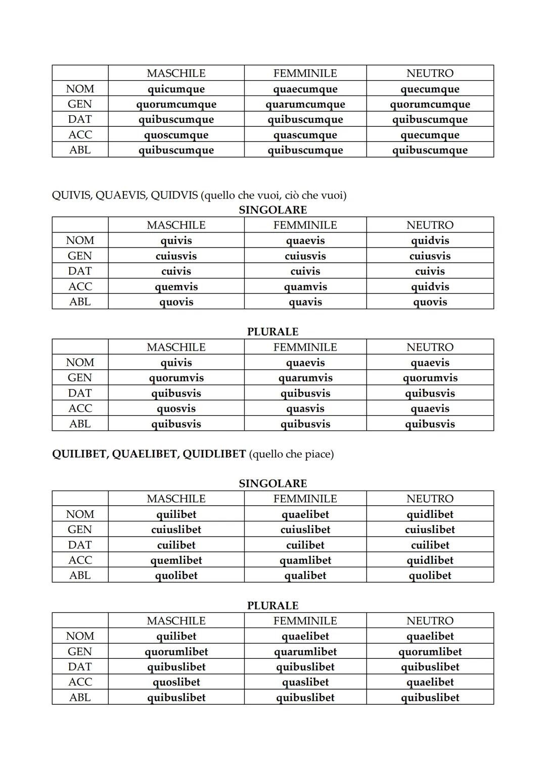# PRONOMI E AGGETTIVI INDEFINITI

QUIS/QUID (qualcuno, qualche cosa)

|       | MASCHILE/FEMMINILE | NEUTRO |
| :---- | :------------------ 
