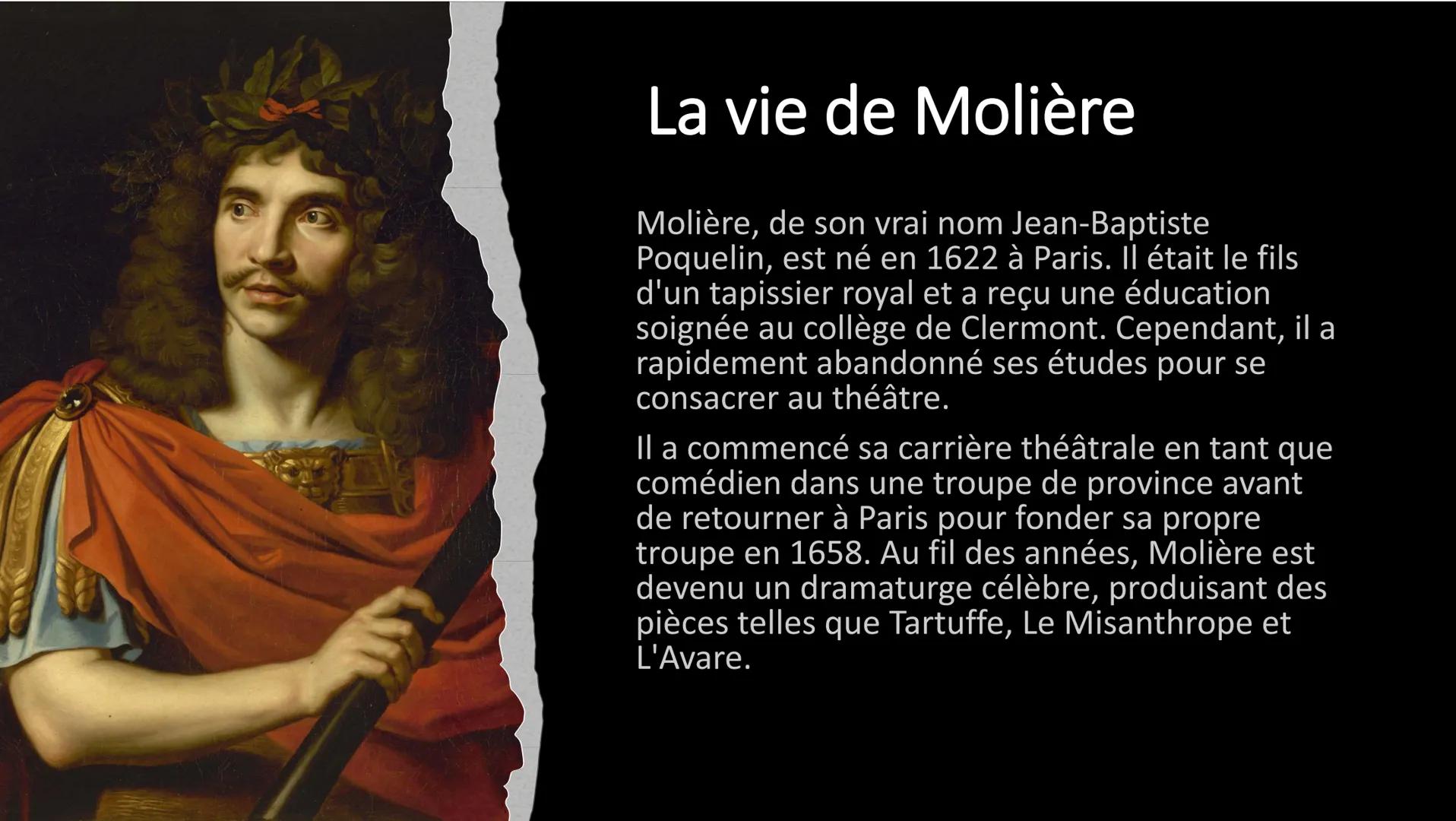 Molière
Anna Domenghini 3BT La vie de Molière
Molière, de son vrai nom Jean-Baptiste
Poquelin, est né en 1622 à Paris. Il était le fils
d'un