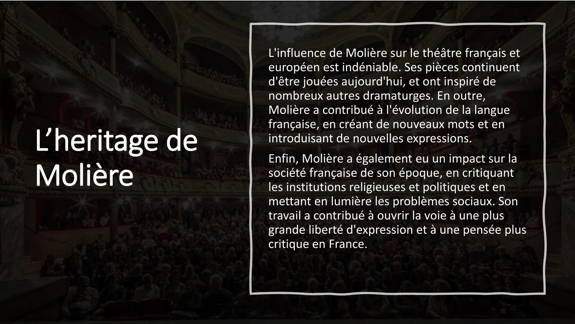 Molière
Anna Domenghini 3BT La vie de Molière
Molière, de son vrai nom Jean-Baptiste
Poquelin, est né en 1622 à Paris. Il était le fils
d'un