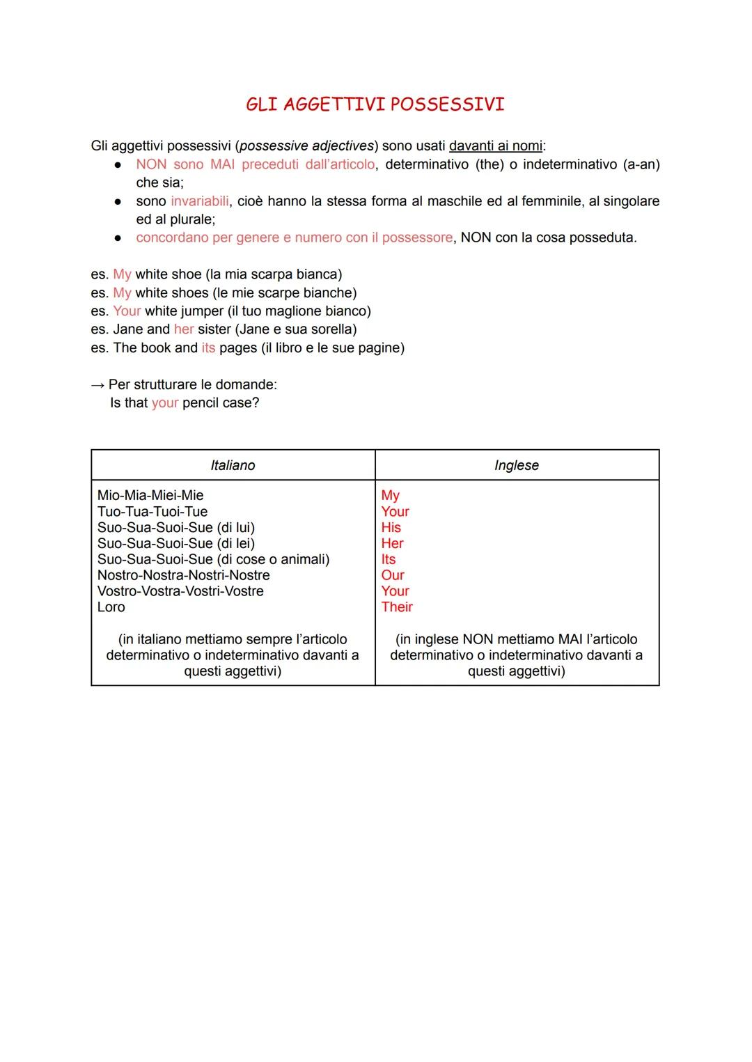 GLI AGGETTIVI POSSESSIVI
Gli aggettivi possessivi (possessive adjectives) sono usati davanti ai nomi:
NON sono MAI preceduti dall'articolo, 