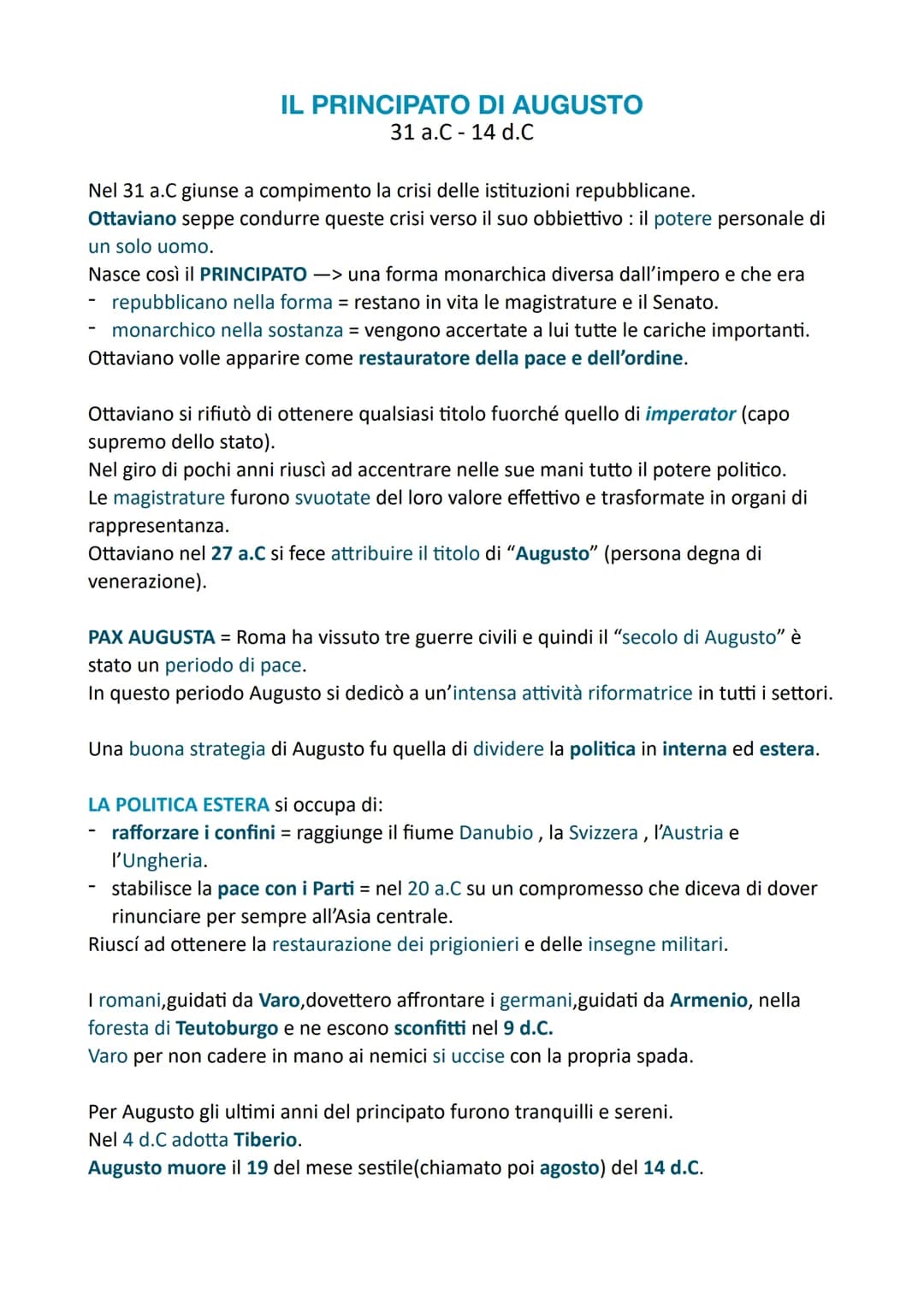 IL PRINCIPATO DI AUGUSTO
31 a.C - 14 d.C
Nel 31 a.C giunse a compimento la crisi delle istituzioni repubblicane.
Ottaviano seppe condurre qu