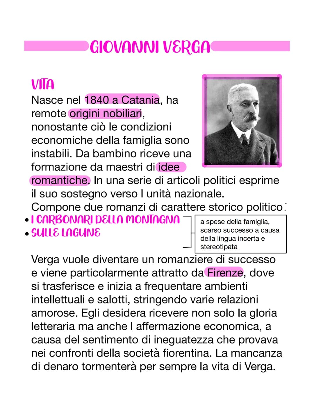 GIOVANNI VERGA
VITA
Nasce nel 1840 a Catania, ha
remote origini nobiliari,
nonostante ciò le condizioni
economiche della famiglia sono
insta