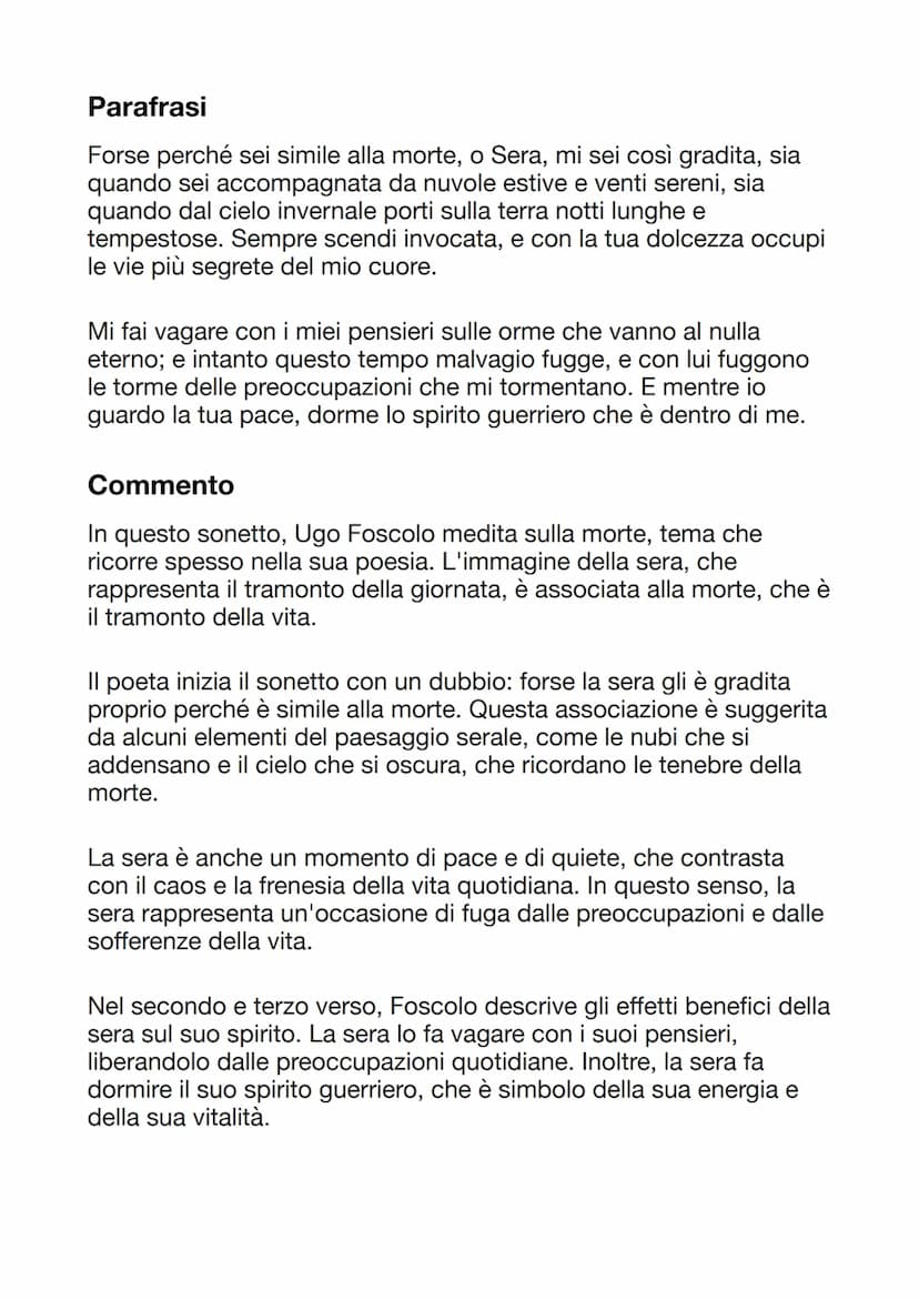 Alla sera
Forse perché sei l'immagine della morte
mi giungi così gradita, o Sera,
sia quando ti corteggian liete
le nubi estive e i zeffiri 
