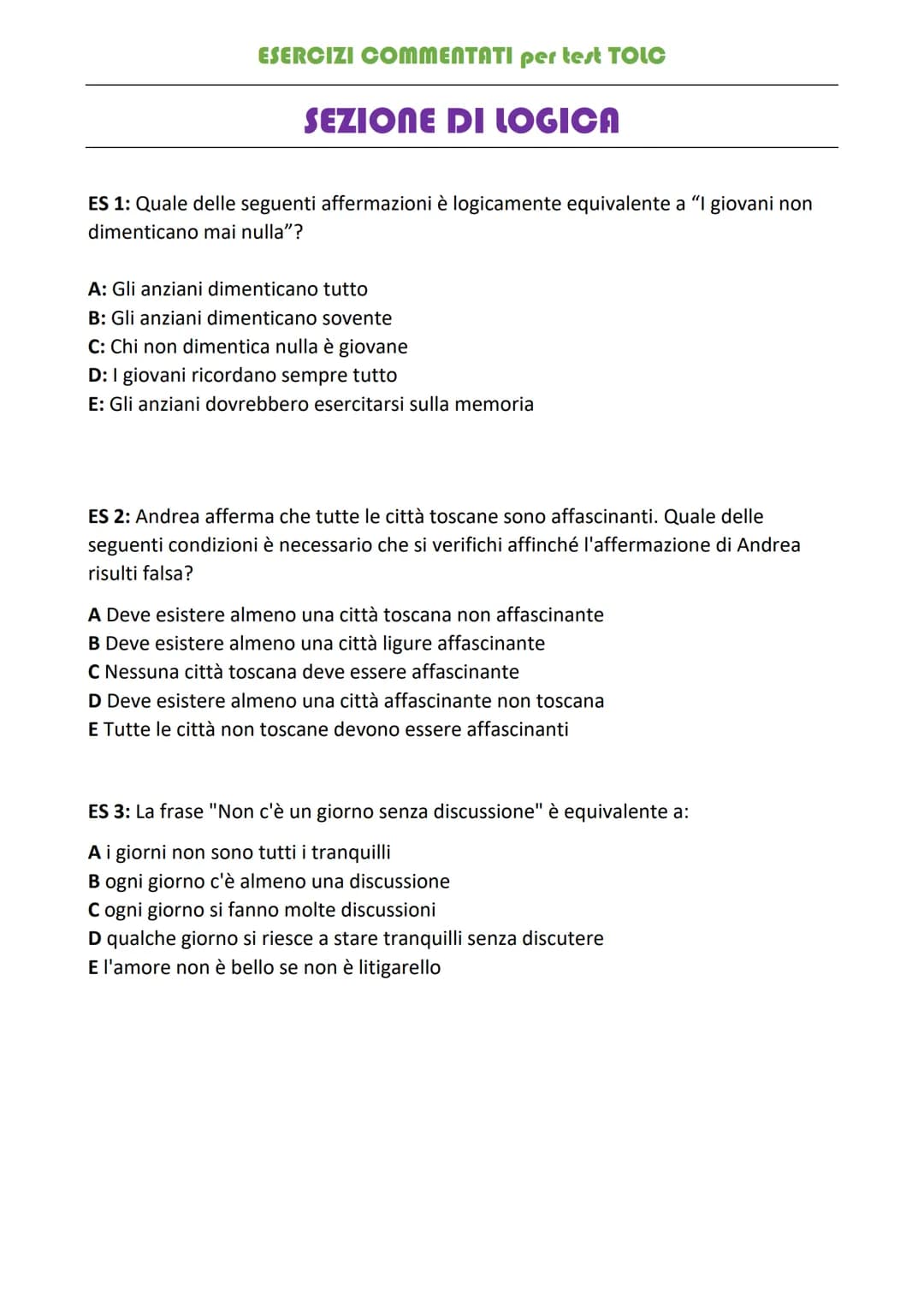 ESERCIZI COMMENTATI per test TOLC
SEZIONE DI LOGICA
ES 1: Quale delle seguenti affermazioni è logicamente equivalente a "I giovani non
dimen