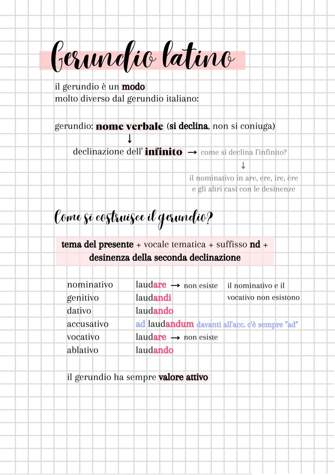Cerundio latino
il gerundio è un modo
molto diverso dal gerundio italiano:
gerundio: nome verbale (si declina, non si coniuga)
declinazione 