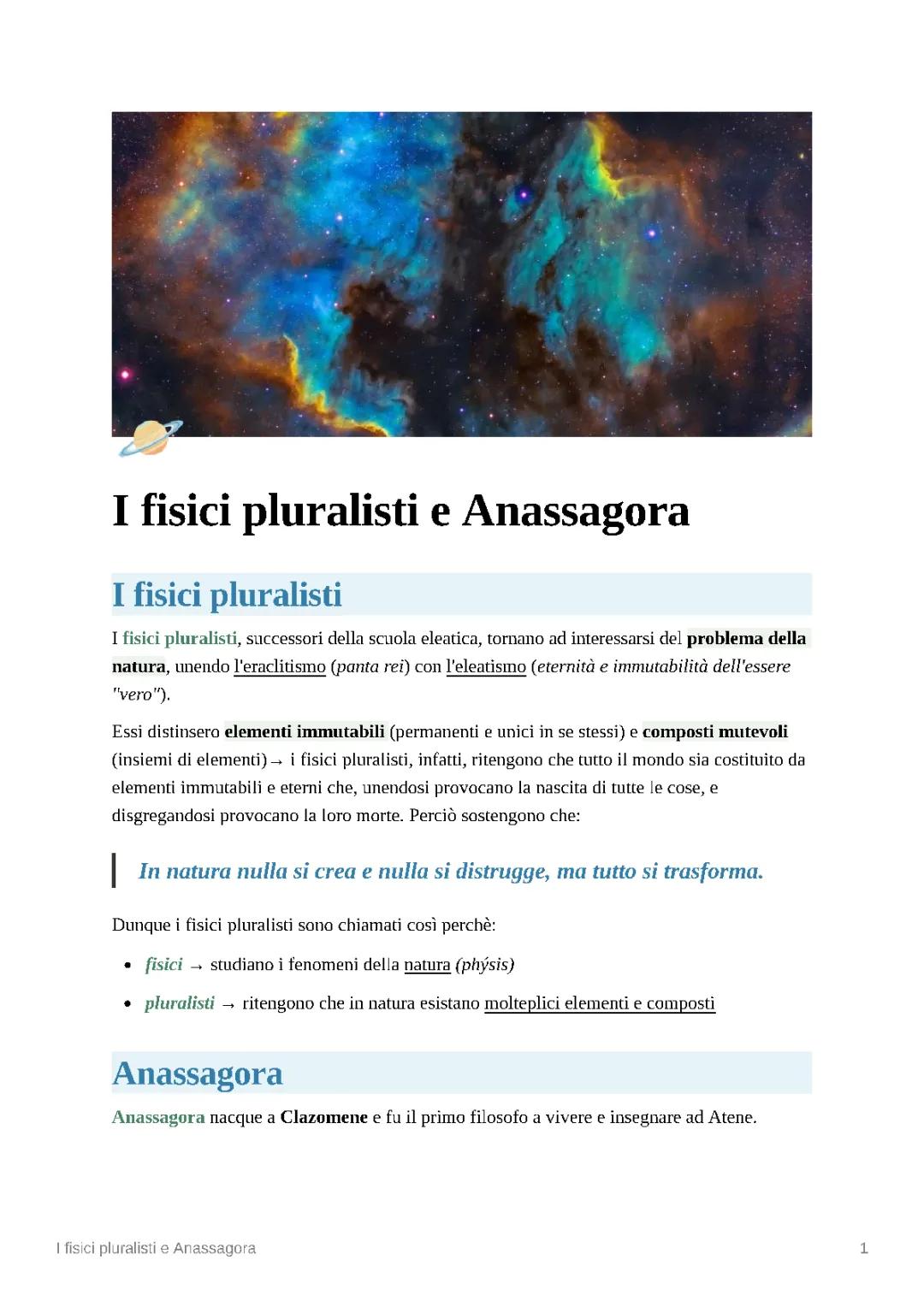 Fisici Pluralisti: Riassunto e Mappa Concettuale