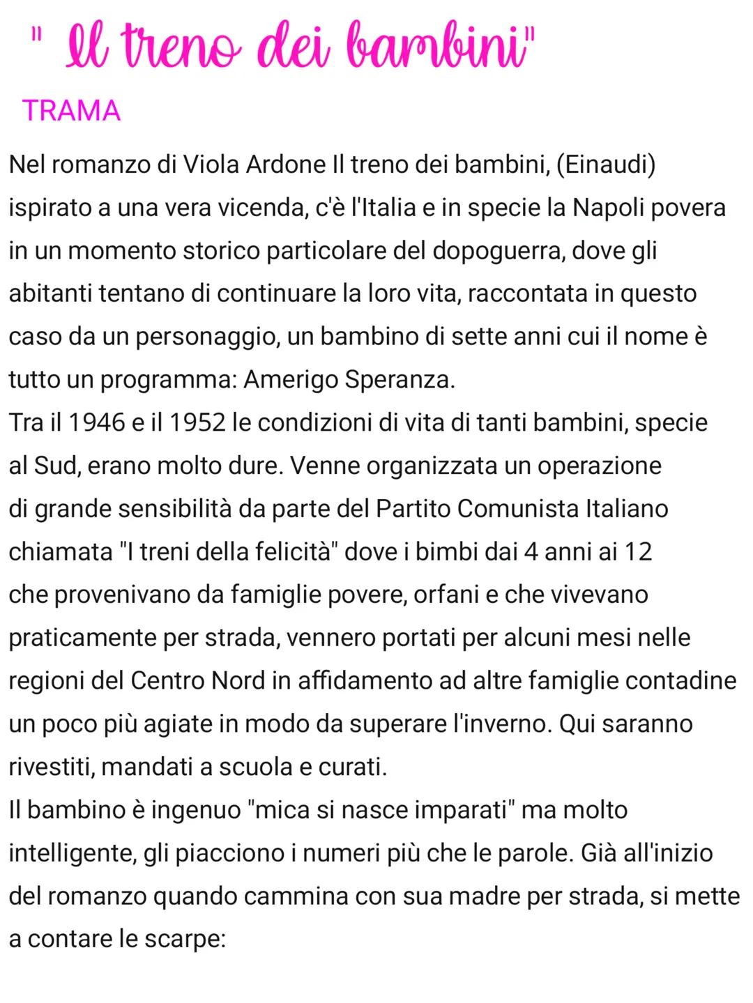 "ll treno dei bambini"
TRAMA
Nel romanzo di Viola Ardone Il treno dei bambini, (Einaudi)
ispirato a una vera vicenda, c'è l'Italia e in spec