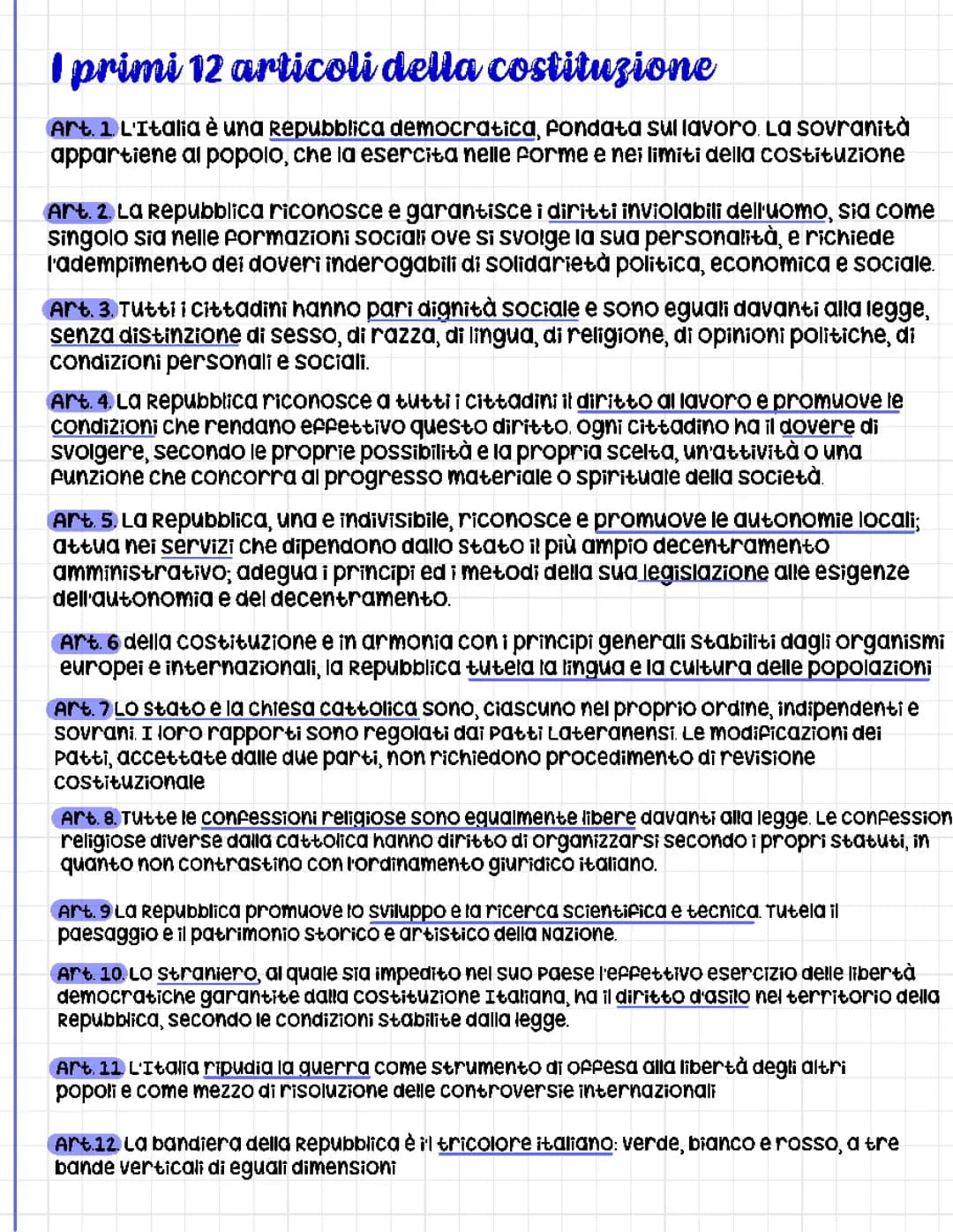 I Primi 12 Articoli della Costituzione Italiana PDF: Spiegazione e Mappa Concettuale