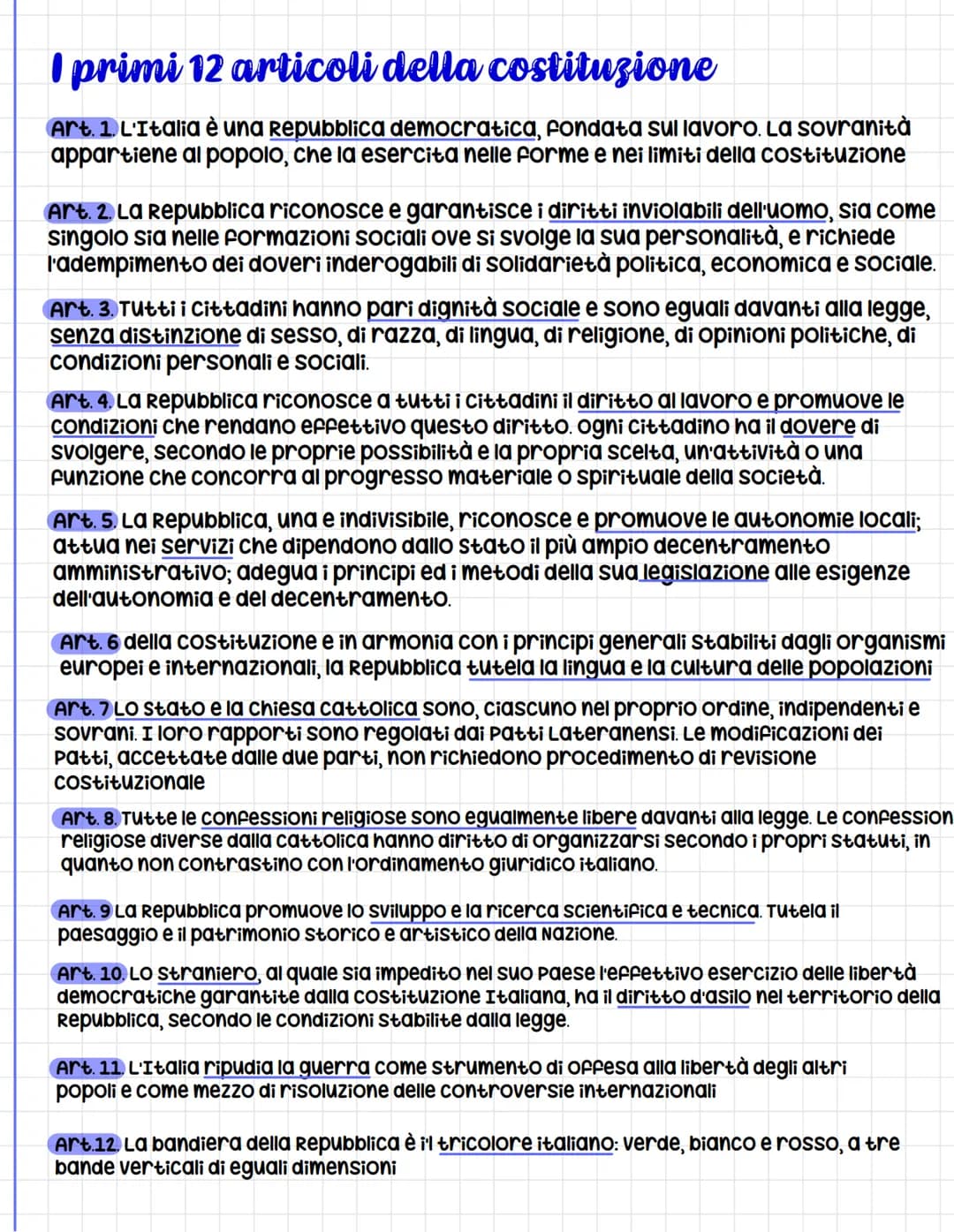 I primi 12 articoli della costituzione
Art. 1. L'Italia è una Repubblica democratica, fondata sul lavoro. La sovranità
appartiene al popolo,