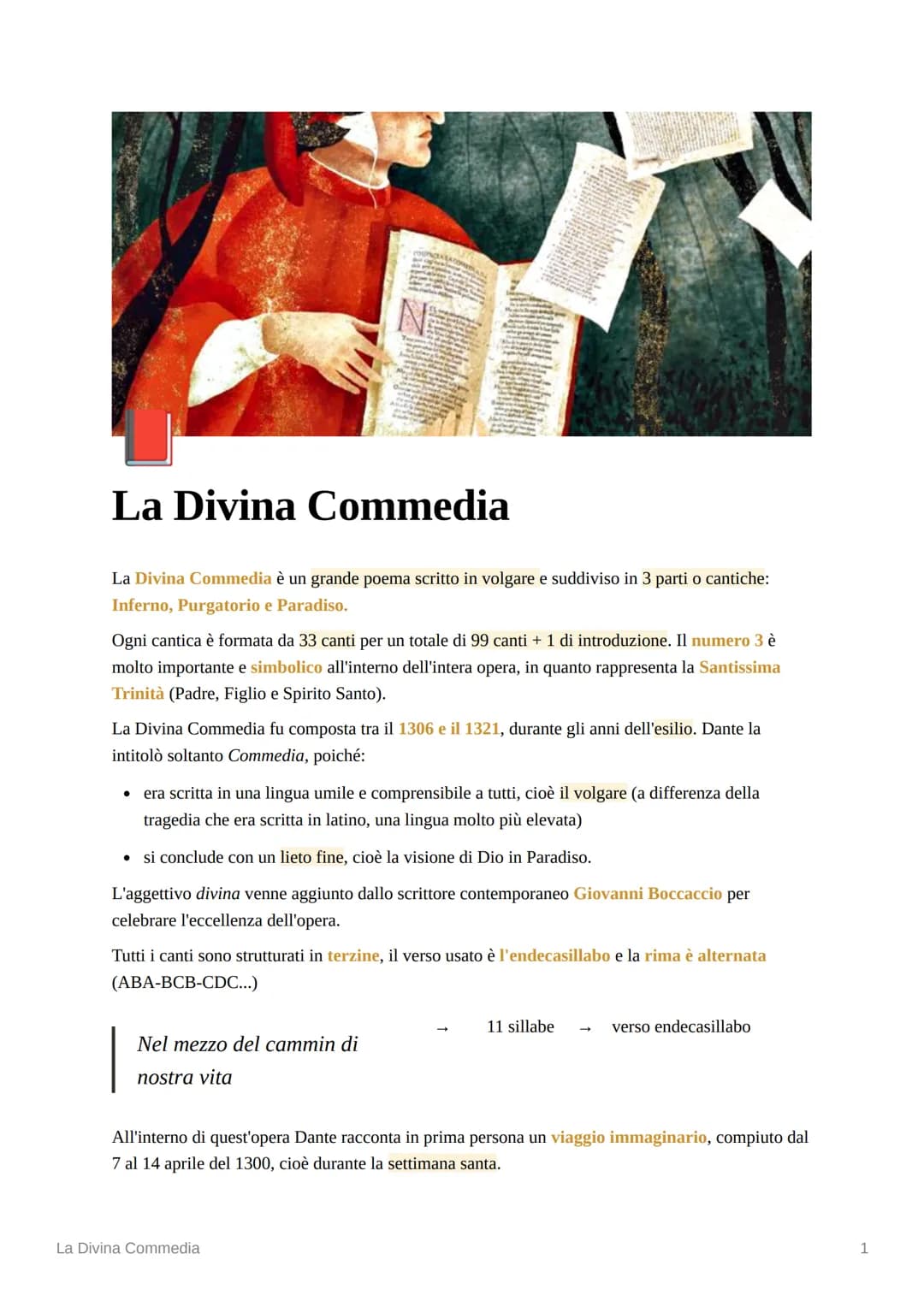 S
NË
La Divina Commedia
La Divina Commedia è un grande poema scritto in volgare e suddiviso in 3 parti o cantiche:
Inferno, Purgatorio e Par