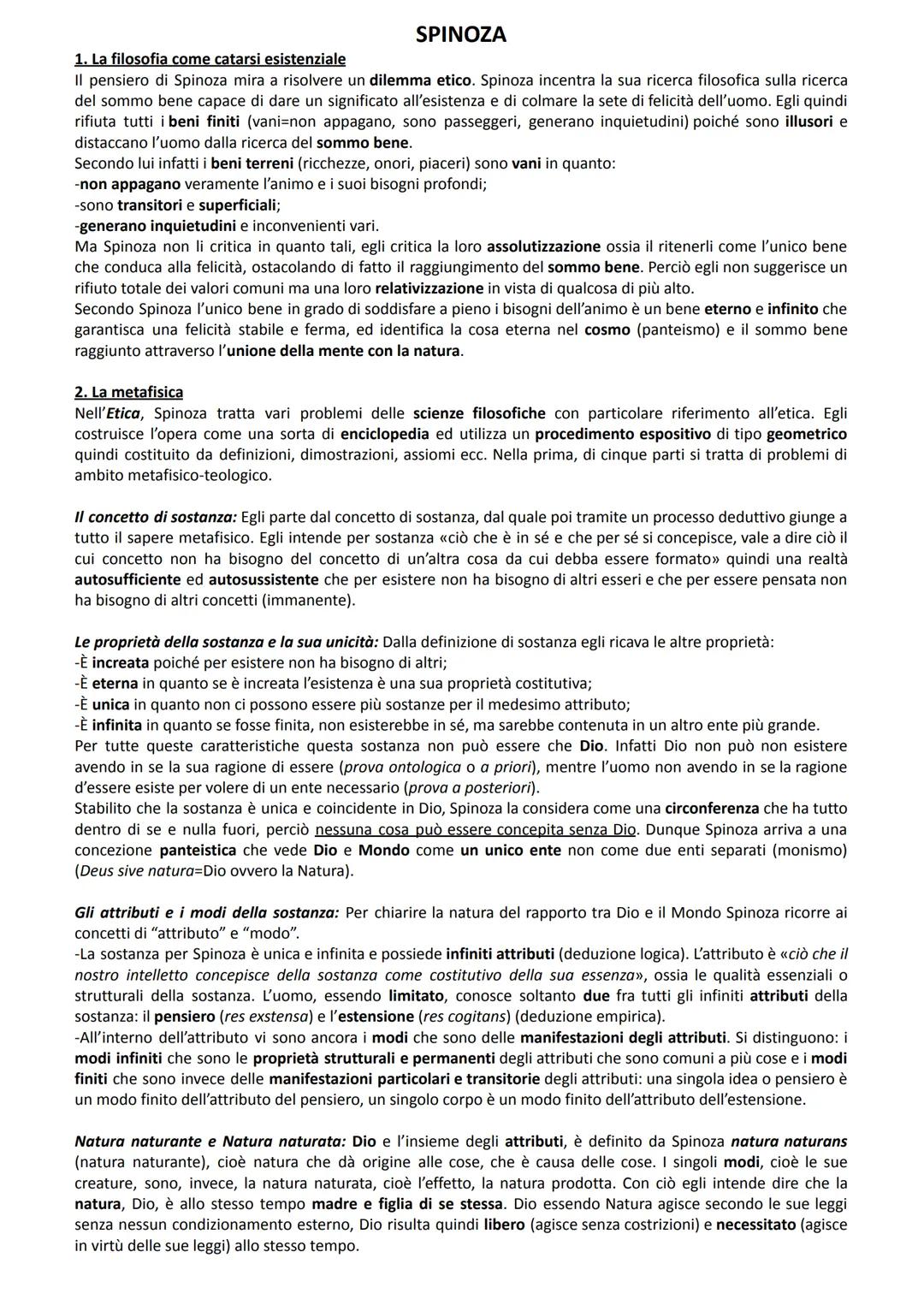 # SPINOZA

1. La filosofia come catarsi esistenziale

Il pensiero di Spinoza mira a risolvere un dilemma etico. Spinoza incentra la sua rice