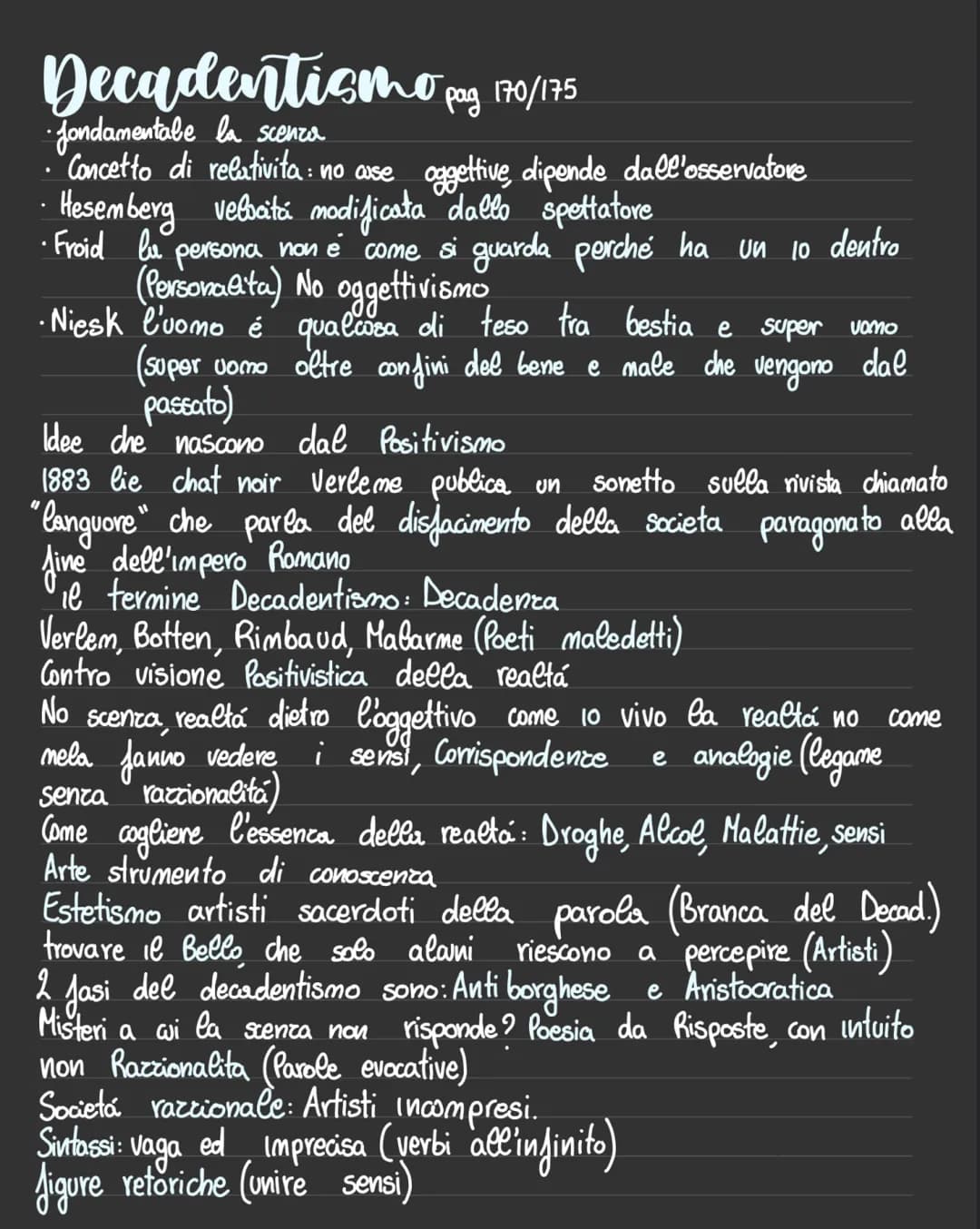 Decadentismo pag 170/175
• fondamentale la scenza
• Concetto di relativita: no ause oggettive, dipende dall'osservatore
Hesemberg velocità m