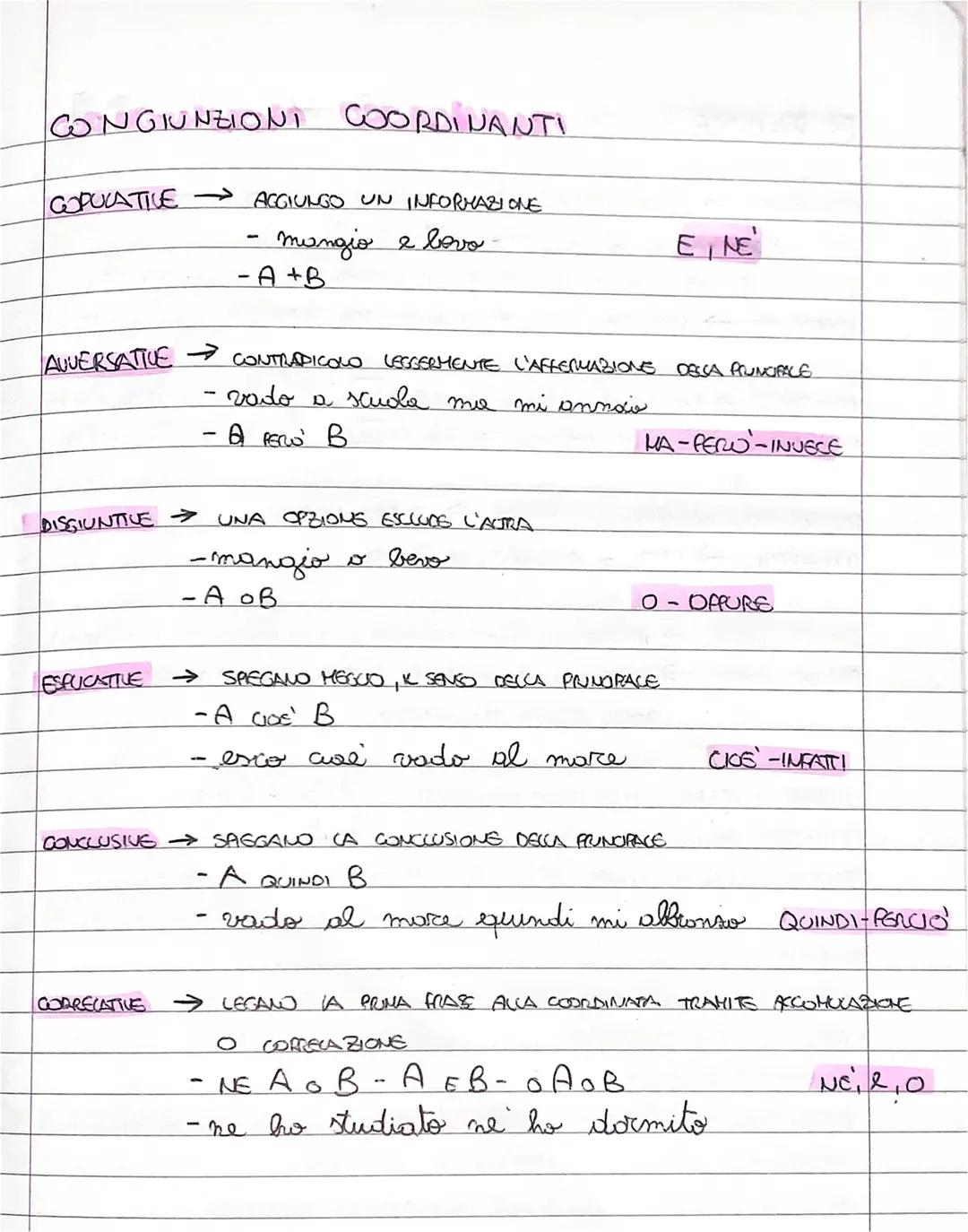 CONGIUNZIONT COORDINANTI
COPULATIVE →→
AUVERSATIVE
ESPUCATIVE
DISSIUNTIVE → UNA OPZIONS ESCLUDE L'AURA
o bevo
CORRECATIVE
AGGIUNGO UN INFORM
