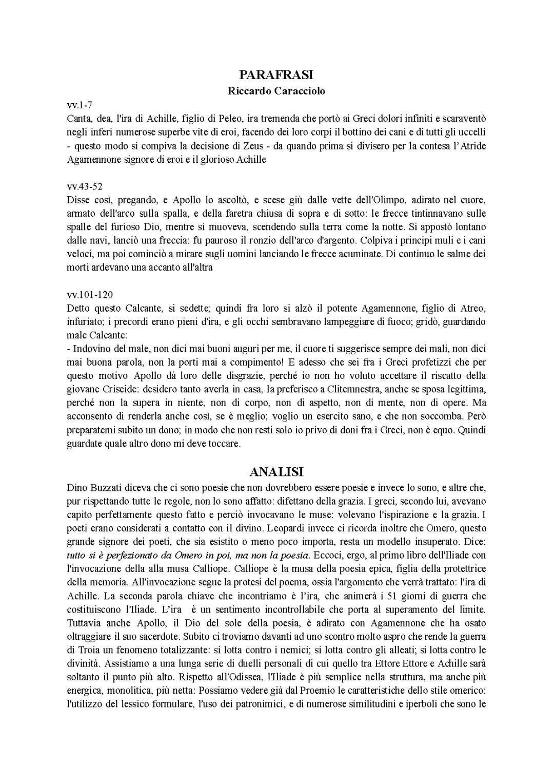 Parafrasi dell'Iliade: vv. 121-180, Libro 1 Completo PDF