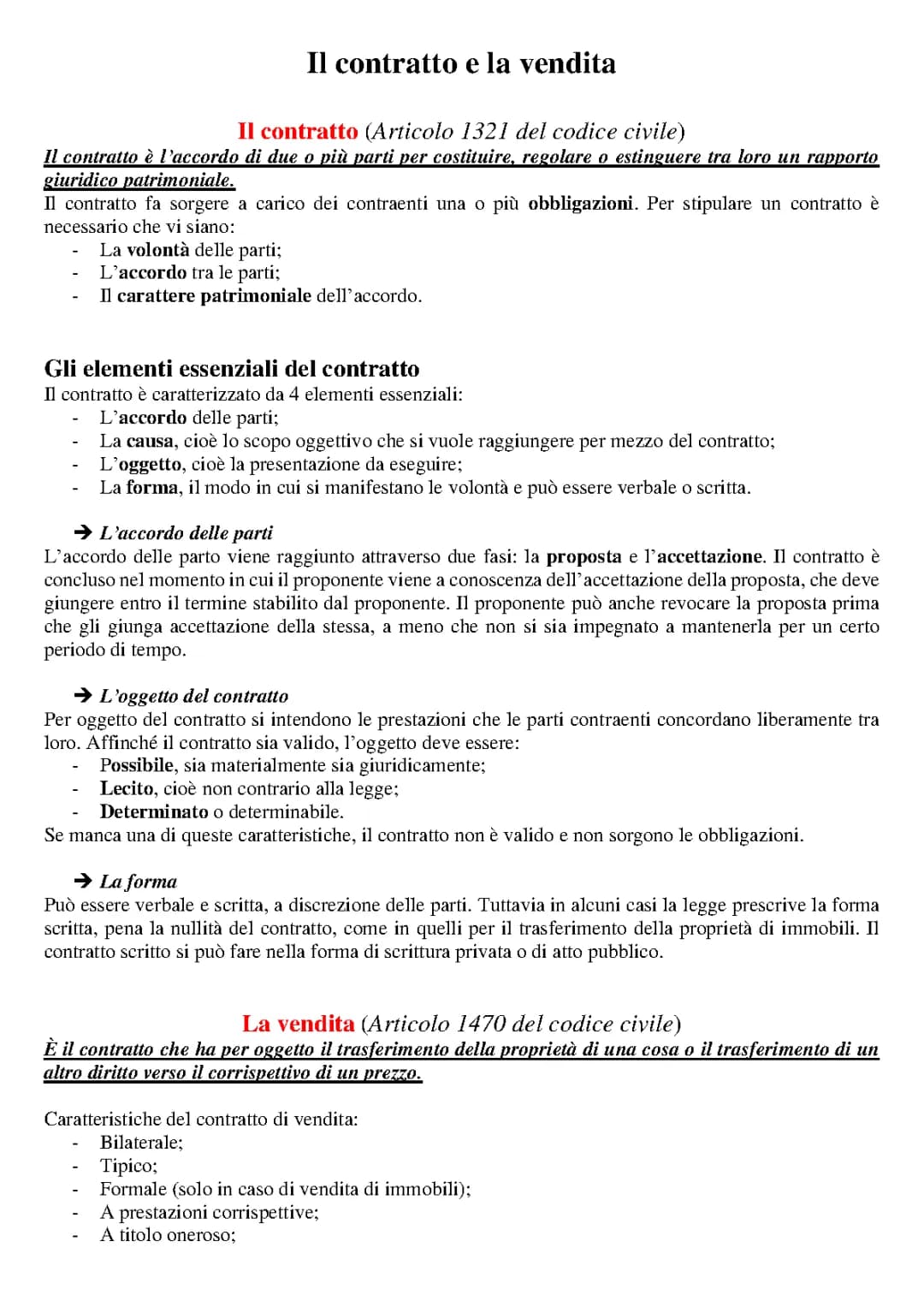 Il contratto e la vendita