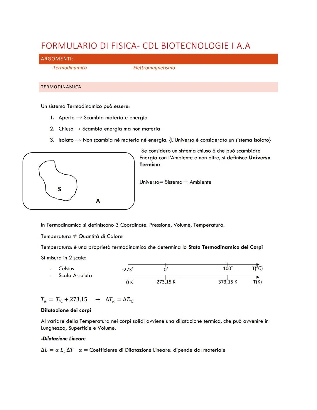 FORMULARIO DI FISICA- CDL BIOTECNOLOGIE I A.A
ARGOMENTI:
-Termodinamica
TERMODINAMICA
Un sistema Termodinamico può essere:
1. Aperto →→ Scam