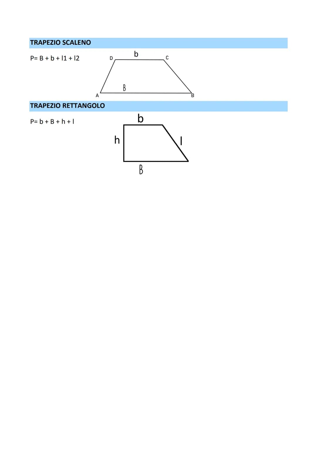 RETTANGOLO
A=bxh
b= A: h
h=A: b
P= (h+b) x 2
b=P: 2-h
h=P: 2-b
PARALLELOGRAMMA
P= (b + l) x 2
A=bxh
A=Ixk
b= A: h
h= A: b
k= A: I
I=A: K
QUA