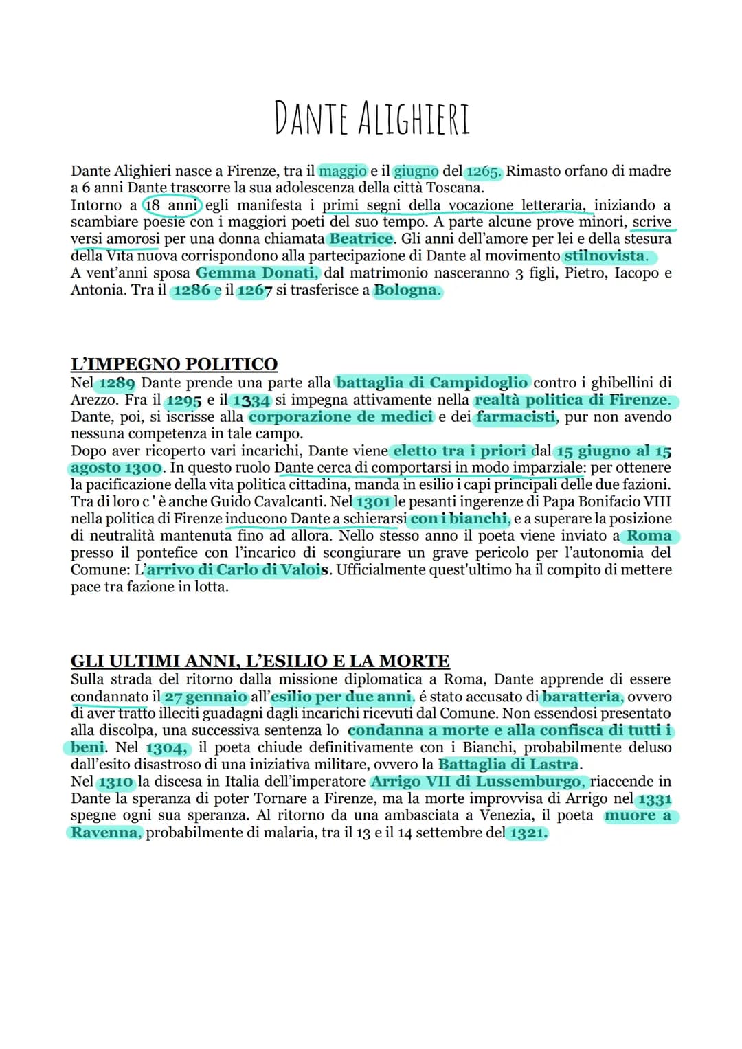 DANTE ALIGHIERI
Dante Alighieri nasce a Firenze, tra il maggio e il giugno del 1265. Rimasto orfano di madre
a 6 anni Dante trascorre la sua