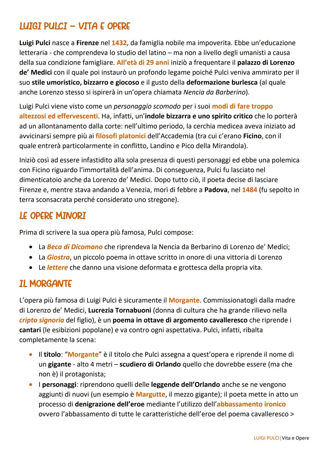 Luigi Pulci: Analisi del Morgante e Opere Minori