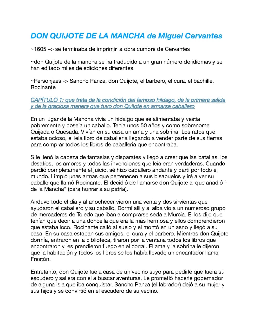 Don Quijote: Resumen Capítulos en Español | Riassunto Capitoli